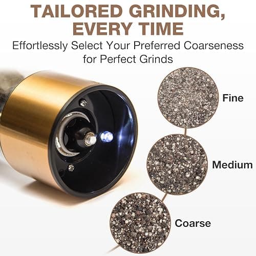 Eparé Brass Salt and Pepper Mill - Battery Operated Gold Pepper Grinder with Ceramic Burr - Automatic Steel Peppermills With LED Light - Gold or Brass Color thumbnail 2