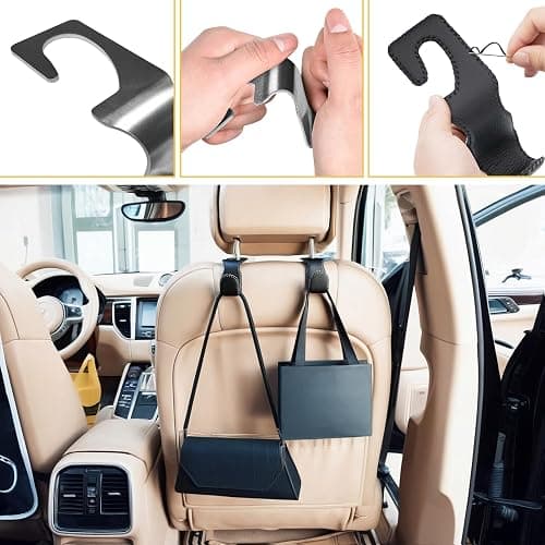 EldHus Headrest Hooks for Purses and Bags, 2 Pack Car Seat Hooks for Grocery Bag Handbag, Metal Car Purse Holder Covered by Leather, Black thumbnail 5