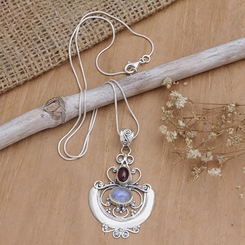 NOVICA Artisan Handcrafted Rainbow Moonstone & Garnet Teardrop Pendants | .925 Sterling Silver Birthstone Necklace | Handmade thumbnail 2