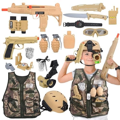 CAPTAIN CHAOWING Kids Army Costume, Military Soldier Dress up Role Play 3+ | 17Pcs Military Soldier Dress Up Kit, Realistic Combat Accessories with Helmet & Vest, Halloween Party, Toys for Ages 3+ - Image 1
