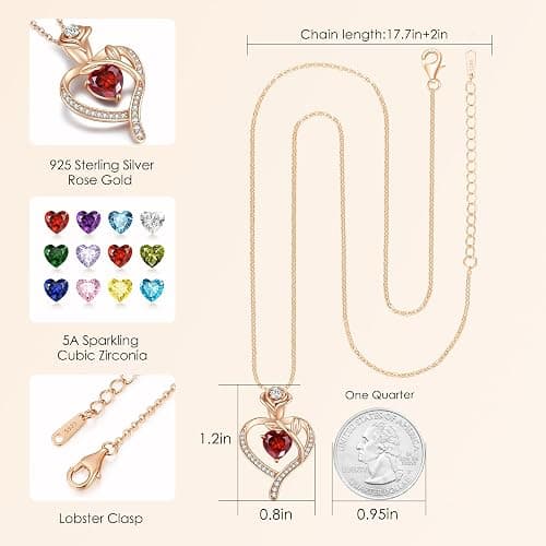 LOUISA SECRET Rose Flower Heart Birthstone Necklaces for Women, 925 Sterling Silver Fine Jewelry, Pendant Heart Necklaces Birthday Anniversary Christmas Gift for Women Wife Mom Girlfriend Lady thumbnail 5