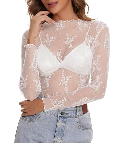 Womens Lace Mesh Long Sleeve Top Floral Sheer See Through Sexy Tops Mock Neck Shirts Party Club Night Blouses thumbnail 5