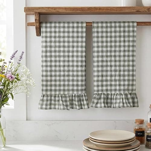 HunnmingRe Sage Green Kitchen Towels Set of 2, 100% Cotton Ruffled Gingham Dish Towels 18"x28" Tea Cloths Classic Plaid Pattern for Farmhouse Charm, Drying Dishes, Entertaining Guests thumbnail 7