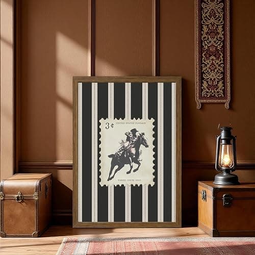 Western Cowboy Wall Art Vintage Horse Paintings Canvas Wall Decor Striped Rodeo Prints Mid Century Cowboy Pictures Country Western Posters for Bedroom Living Room 12x16 Inch Framed thumbnail 4