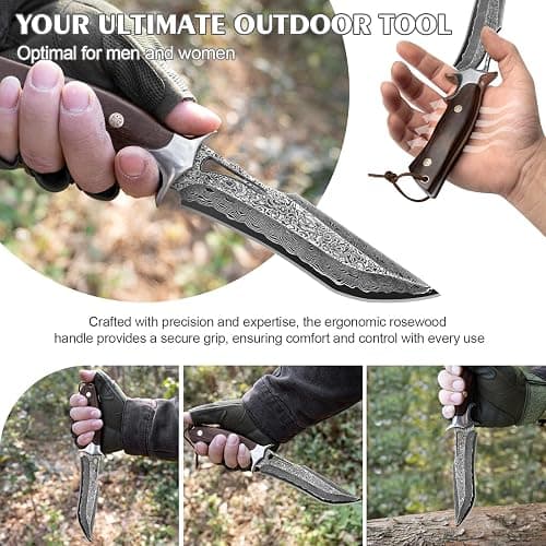10.4''Damascus Bowie Hunting Knife | Full Tang Fixed Blade with VG10 Core & Leather Sheath,Adventure,Survival,Hiking,Camping,Ideal Gift Knives for men women, thumbnail 5