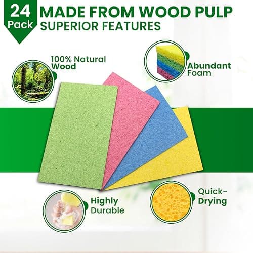 MMG Prime Cellulose Sponges – 24-Pack Multicolored Compressed Natural for Kitchen – Plant-Based, Biodegradable, Non-Scratch, Quick-Dry, Super-Absorbent for Dishes & Surfaces thumbnail 2