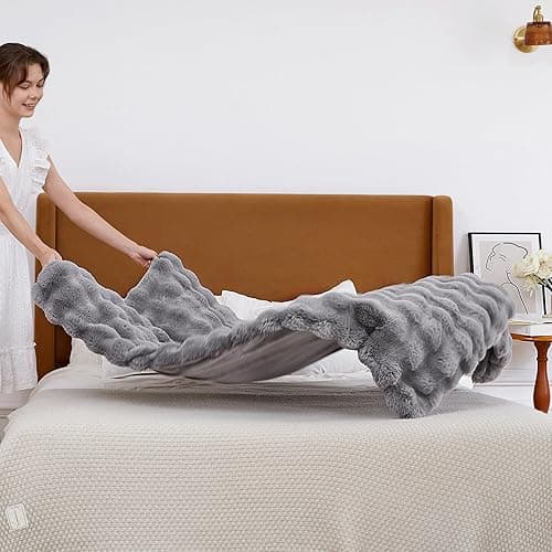 CozyBloom Luxury Soft FauxFur Throw for Couch - Decorative Cozy Plush Long Shaggy Fluffy Grey Solid Comfy Fleece Furry Reversible Puffy Thick Warm Blanket - 50''X60'' (JF003) - Grey - Throw-50" x 60" thumbnail 4