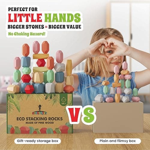 EVERSMART 36 Pcs Wooden Stacking Blocks – Montessori Toys for 1 2 3 4 5 6 Year Old Toddlers and Kids, XL Rocks, No Choking Hazard – Sensory STEM Building Stones, for Girls and Boys thumbnail 6