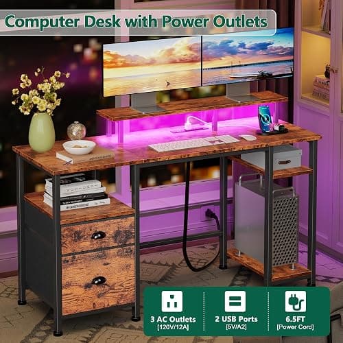 Furologee 51" Computer Desk with Power Outlet and LED Lights, Reversible Home Office Desk with File Cabinet & Monitor Stand, Large Gaming Table with Storage Shelves & Drawer, Rustic Brown thumbnail 3