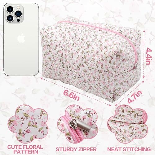 dark swan Cotton Quilted Makeup Bag, Cute Pouch Toiletry Bag Cosmetic Bag Quilted Floral Organizer Bag Travel Coquette Aesthetic Portable Storage Zipper Purse for Women (Pink) thumbnail 3