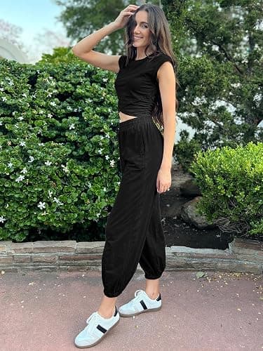 Glamaker Women's Two Piece Athletic Sets Casual Workout Sleeveless Cropped Tops High Sweatpants Joggers Tracksuits thumbnail 3