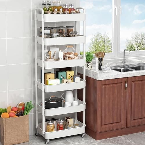 Sywhitta 6-Tier Plastic Rolling Utility Cart with Handle, Multi-Functional Storage Trolley for Office, Living Room, Kitchen, Movable Storage Organizer with Wheels, White thumbnail 2