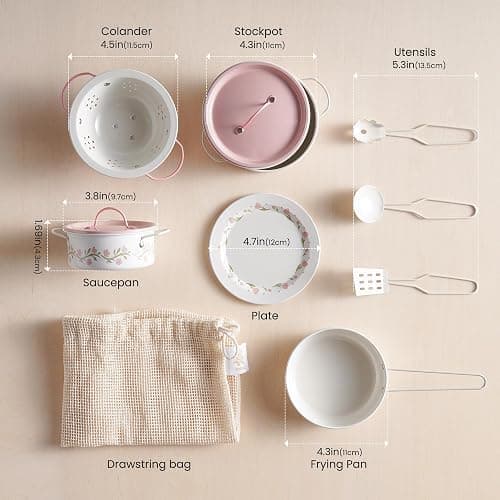 ROBUD Play Pots and Pans Sets for Kids Kitchen, Play Kitchen Accessories Pretend Cooking, Cartoon Pink Metal Pots and Pans Metal, Kids Kitchen Playset, Mini Toy Kitchen Accessories(9 Pieces) thumbnail 6