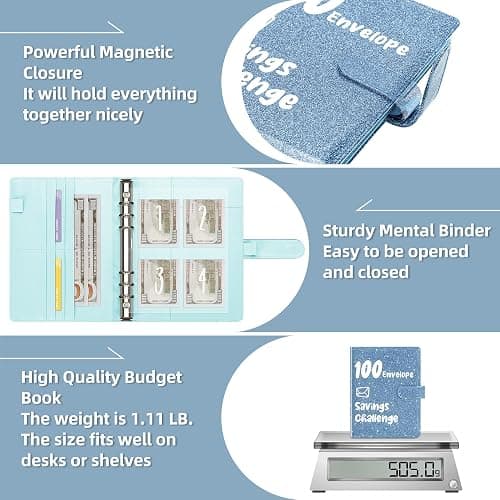Ospelelf 100 Envelopes Money Saving Challenge Budget Book, 52 Week Budget Binder with Cash Envelopes to Save $10,000, Glitter Teal thumbnail 5