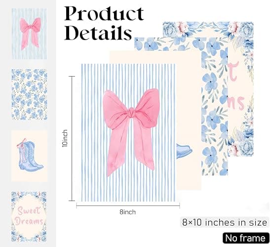 4pcs Trendy Preppy Wall Art Pink Bow Boots Blue And White Stripes pictures wall decor Sweet Dreams Blue Flowers Posters Prints Artwork for Home Bedroom Dorm Home Decration 8x10in Unframed thumbnail 2