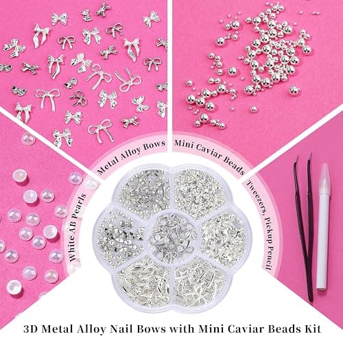 3D Metal Alloy Nail Bows Kit - Silver & Gold Bowknot Charms with 1-3mm Mini Caviar Beads, Tweezers, Pickup Pencil, Cute Nail Charms and Gems Jewelry in Petal-Shaped Box (Silver-kit-1) thumbnail 4