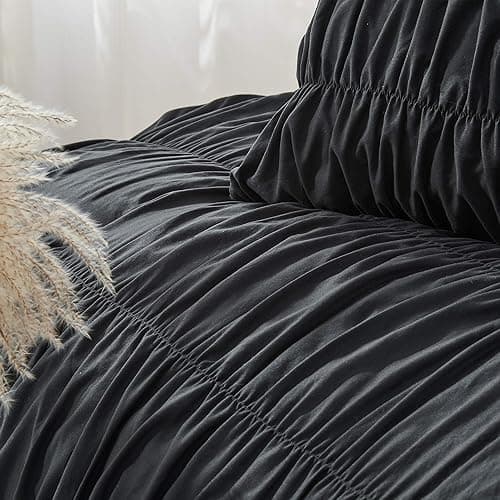 Bonlino Queen Comforter Set - Black Boho Shabby Chic Bedding for Bedroom - Fluffy 3 Piece Ruffle Comforter Set with Pillow thumbnail 5