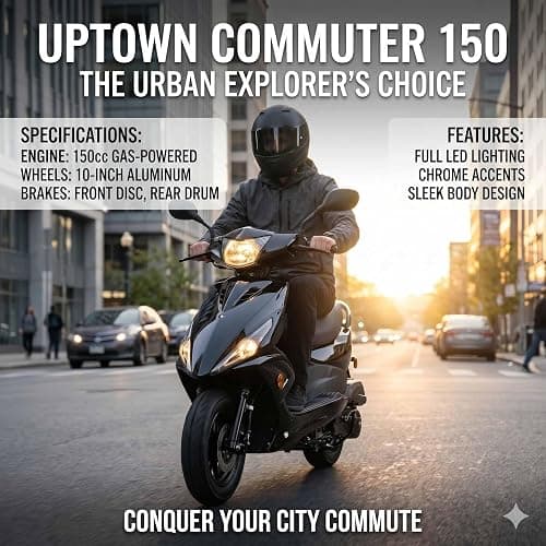 X-PRO Bali 150cc Gas Moped CVT Automatic, Electric Start, Fuel‑Efficient Commuter Motorcycle with Large Storage – Adult Moped for Daily Riding & City Travel (Black) thumbnail 4