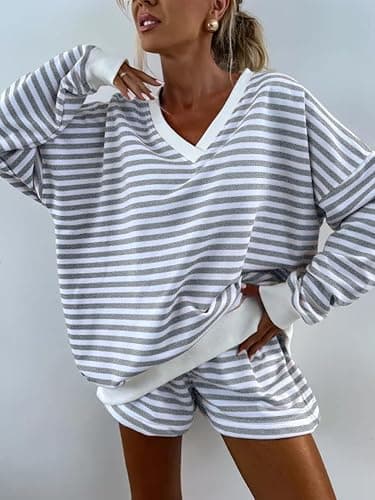 Melliflo Women 2 Piece Outfits Lounge Sets Striped Print Long Sleeve V Neck Sweatshirt and Shorts Set Fall Sweatsuit thumbnail 2