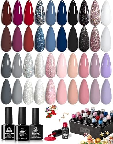 beetles Gel Polish Kit, Nude Gray Pink Blue Burgundy Glitter Gel Polish Set Modern Muse Collection with 3Pcs Base Matte Glossy Top Coat Soak off Uv Gel for Women - Image 1