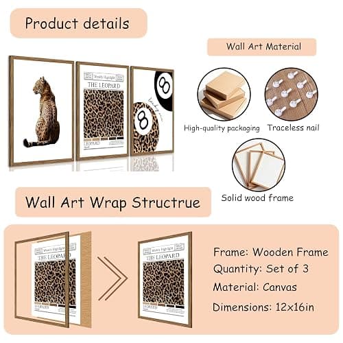 JBZDD Framed Trendy Leopard Wall Art Set of 3 Funky Lucky 8 Ball Preppy Room Decor Prints Cheetah Print Aesthetic Canvas Pictures for Girls Bedroom Apartment or Dorm 12x16 Inch Wood Ready to Hang thumbnail 3