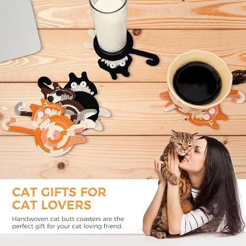 Cat Gifts for Cat Lovers 3PCS Cat Coaster Woven Creative Cute Cat Coaster Insulation Coaster Coffee and Tea Coaster Desktop Gifts thumbnail 8