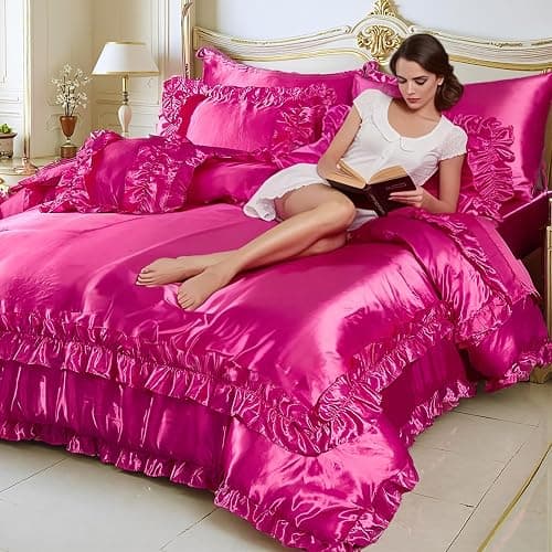 MOVE OVER Hot Pink Satin Comforter Set Queen Size 8 Pieces Bed in a Bag Farmhosue Shabby Chic Ruffle Comforter Set Luxury Silk Like Satin Bedding Set Boho Chic Satin Ruffled Comforter Sets thumbnail 2