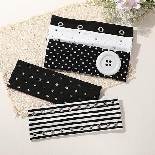Weazppre 5 Pieces Wide Stretchy Metal Grommet Hair Accessories, Rock Style Black and White Design Fashionable Metal Hairbands for Sports and Casual Y2K Daily Looks thumbnail 4