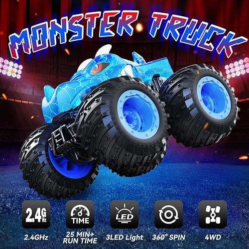 AUUGUU Remote Control Car, 2.4GHz Monster Trucks Toys with Light Spray, Birthday Gift for Kids 3 4 5 6 7 8, All Terrain RC Cars, Toddler Toys for Boys Girls 3+ Year Old thumbnail 2