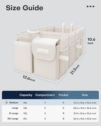 HOTOR Trunk Organizer for Car - Car Organizer, Foldable Trunk organizer for SUVs & Sedans, Sturdy Organization for Car Accessories, Tools, Sundries, Beige, 2 Compartments, 21.3"×12.6"×10.6" thumbnail 2