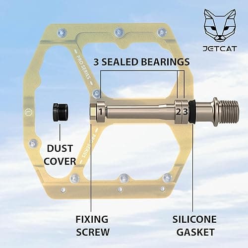 JETCAT Mountain Bike Pedals Flat - MTB Pedals Flat, Bicycle Pedals, Road Bike Pedals, BMX Pedals, for BMX MTN Road Gravel EBike, Specialized Parts, Adults, Aluminum Metal Stamp 9/16" - gold thumbnail 7