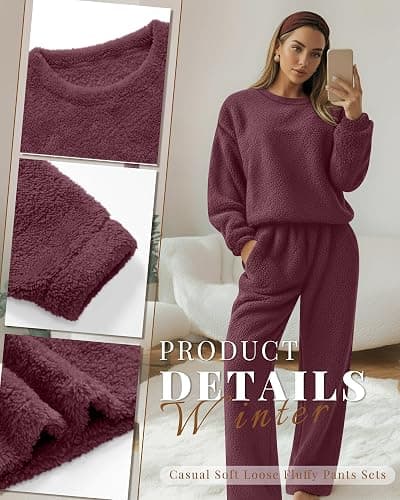 Oakgarden Women's Fuzzy Pajamas Sets Warm Fleece Loungewear Outfit Cozy Long Sleeve Fluffy Pullover Pant Set 2 Piece thumbnail 4
