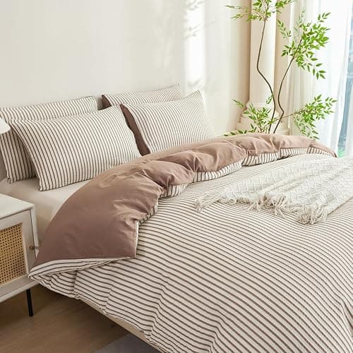BUPIRD Mocha Brown Comforter Set King Striped Soft Washed Microfiber Jacquard 3 Pieces Striped Bedding Sets Mocha Brown White Comforter for All Seasons and 2 Pillowcases Comfort Breathable thumbnail 5