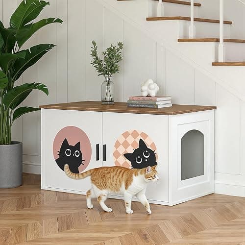 HOOBRO Cat Litter Box Enclosure with Cute Cat Patterns and Arched Entrance, Hidden Litter Box Enclosure Furniture, 31.3"L x 17.7"W x 17.3"H, Litter Box Cabinet, Side Table, White and Walnut WH08MW01 thumbnail 4