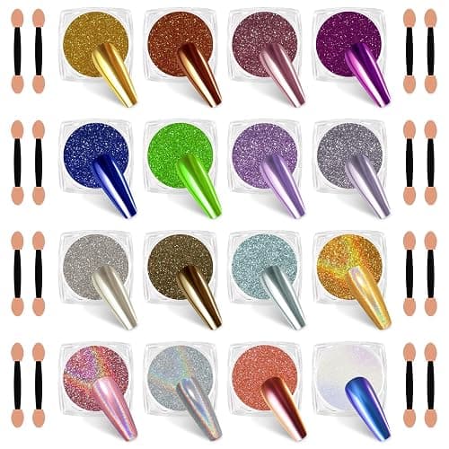 SIUSIO 16 Jars Chrome Nail Powder Nail Art Glitter Decoration Metallic Mirror Effect Holographic Aurora Chameleon Pigment Powder Kit 0.35g/Jar Pearl for Resin Craft & Nail Art - Image 1