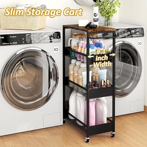 9.1" Wide Slim Rolling Utility Cart, 4 Tier Metal Narrow Storage Cart with Handle and Wood Top, Multifunctional Small Mobile Shelf Unit Organizer Trolley for Laundry, Bathroom, Kitchen thumbnail 2