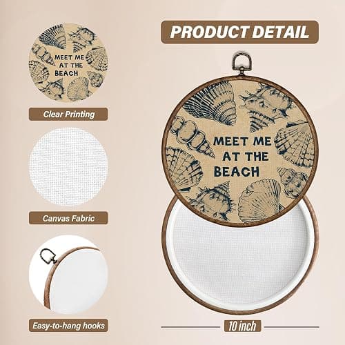 XBBMGG Coastal Seashell Wall Art Decor, Vintage Meet Me at The Beach Shell Round Wall Hanging Decor, Nautical Seashell Framed Canvas Prints for Living Room Bathroom Decorations, 10x10inch thumbnail 7