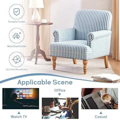 HUIMO Linen Fabric Accent Chair, Mid-Century Modern Armchair with Solid Wood Legs, Single Sofa Chair,Upholstered Reading Club Chair (1, Blue and White Stripe) thumbnail 6
