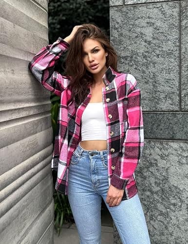 Zeagoo Women Flannel Shacket Jacket Plaid Button Down Long Sleeve Shirt Fall Outfits 2025 thumbnail 3