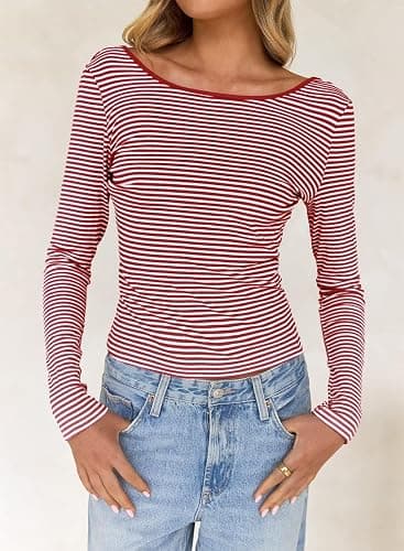 Falechay Long Sleeve Shirts for Women Backless Y2K Striped Sexy Crop Tops | Going Out Outfits, Boat Neck, Dressy Casual, Stretchy, Slim Fit T-Shirts, Butter Soft, Party, Vacation, Cute, Trendy 2026 thumbnail 2