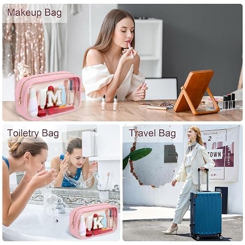 YOOLIFE Graduation Teacher Gifts Initial Clear Makeup Bag Birthday Gift Travel Toiletry Preppy Cosmetic Bags Birthday Gift for Girls Kids Travel Essentials Clear Toiletry Bag A - Large-Pink - A thumbnail 5