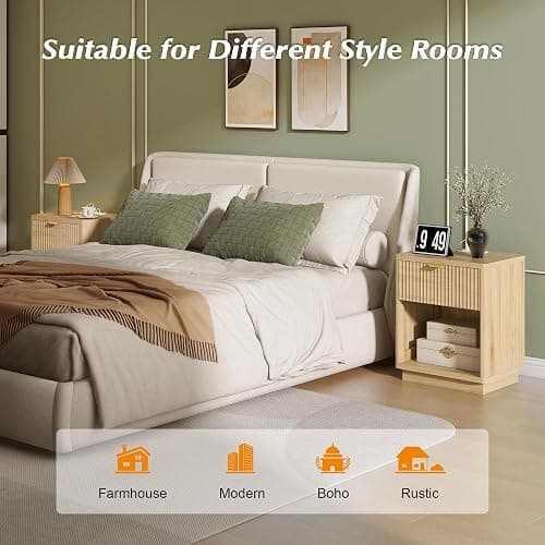 Nasonet Fluted Nightstand Charging Station,Wood Modern Night Stands Storage Cabinet for Bedroom,Oak Bedside Table with Drawers thumbnail 5