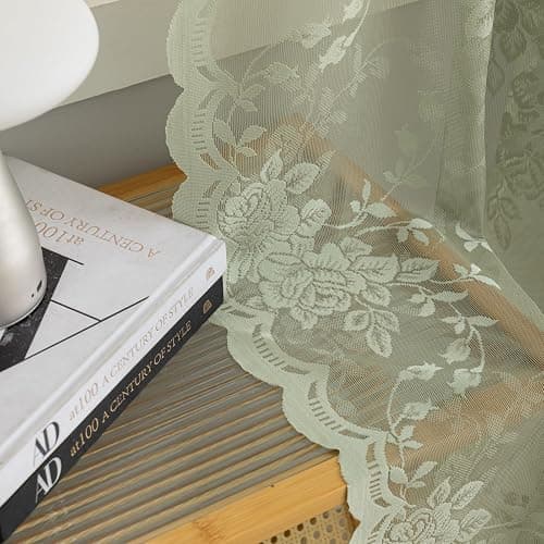 Light Sage Lace Green Curtains 63 Inch Length for Bedroom 2 Panels Country Peony Flower Sheer Farmhouse Window Panels for Living Room Dining Room Easter Decor 1 Pair Set W52 X L63 Light Green thumbnail 4