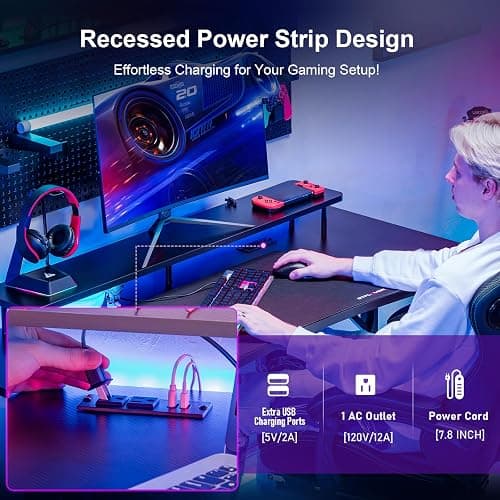 GTRACING 55 Inch Gaming Desk with LED Lights & Power Outlet, Computer Gamer Desk with Monitor Stand, Ergonomic Carbon Fiber Gaming Table Home Office Desk with Headphone Hook & Mouse Pad - Black thumbnail 3
