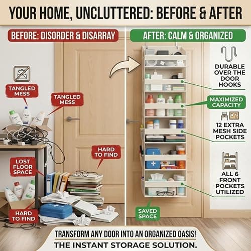 HOMELUX THEORY UPGRADED 6 Tiers Over The Door Organizer Hanging - 100D EXTRA THICK & 50lbs HUGE CAPACITY, 12 Side Mesh Pockets Over The Door Shoe Organizer, Hanging Closet Organizer (Ivory, 1pc) thumbnail 5