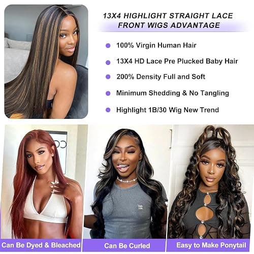 ONECHULY Blonde Highlight 13x4 Glueless Lace Front Wigs Human Hair 200% Density Pre Plucked with Baby Hair 13x4 Full Lace Front Wigs HD Transparent Lace Wig Balayage Wigs for Women 26 Inch thumbnail 6