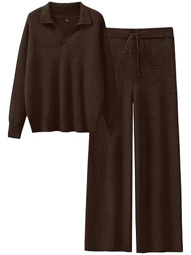 ANRABESS Women Two Piece Outfits Sweater Sets Lounge Waffle Knit Pullover Matching Wide Leg Pants Tracksuit 2025 Fall Fashion - Image 1