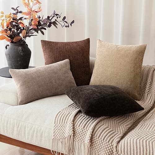 Foindtower Pack of 2 Soft Textured Chenille Throw Decorative Pillow Covers Square Accent Solid Cushion Cover Cozy Neutral Farmhouse Pillow Case for Couch Sofa Bedroom Living Room 18x18 Inch,Red Brown thumbnail 7