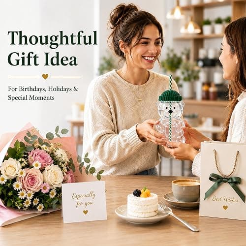 gaulofo 20oz Bear-Shaped Glass Cup, Cute Reusable Glass Tumbler with Lid and Straw for Coffee, Milk Tea, Birthday & Holiday Gift (Green) thumbnail 2
