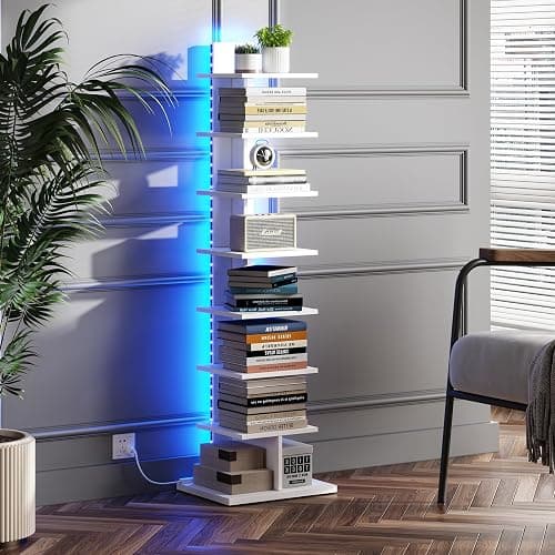 TUTOTAK Narrow Bookshelf, 8-Tier Bookcase with LED Lights, Spine Book Shelf for Small Space, Corner Standing Shelf for Living Room, Office, Study, Entryway, White BS06BW008L thumbnail 7